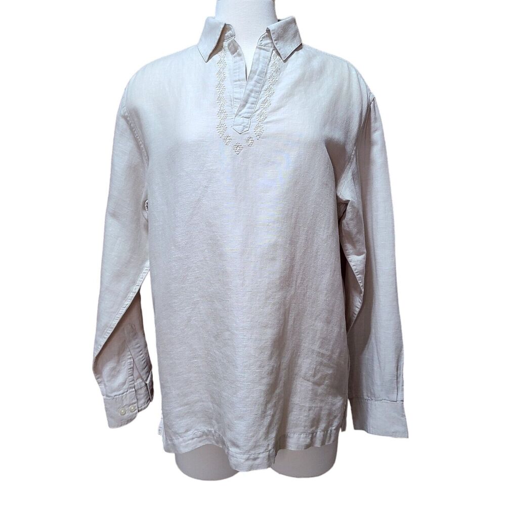 Womens Linen Blend Shirt Embroidery Sz M Tan By Claiborne Popover Buttons